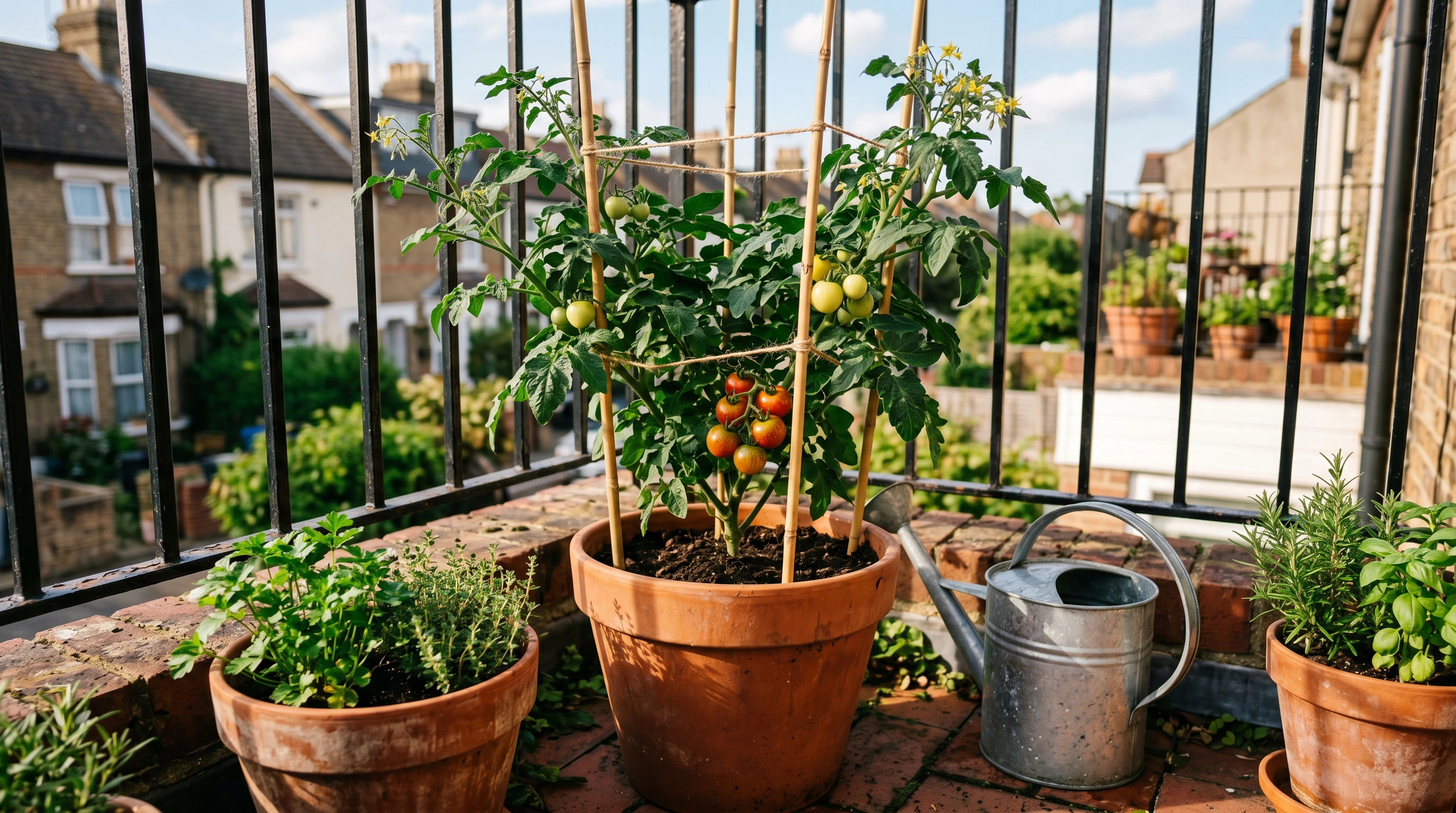 Cherry tomato plant beginning to ripen in a large pot on a sunny UK balcony