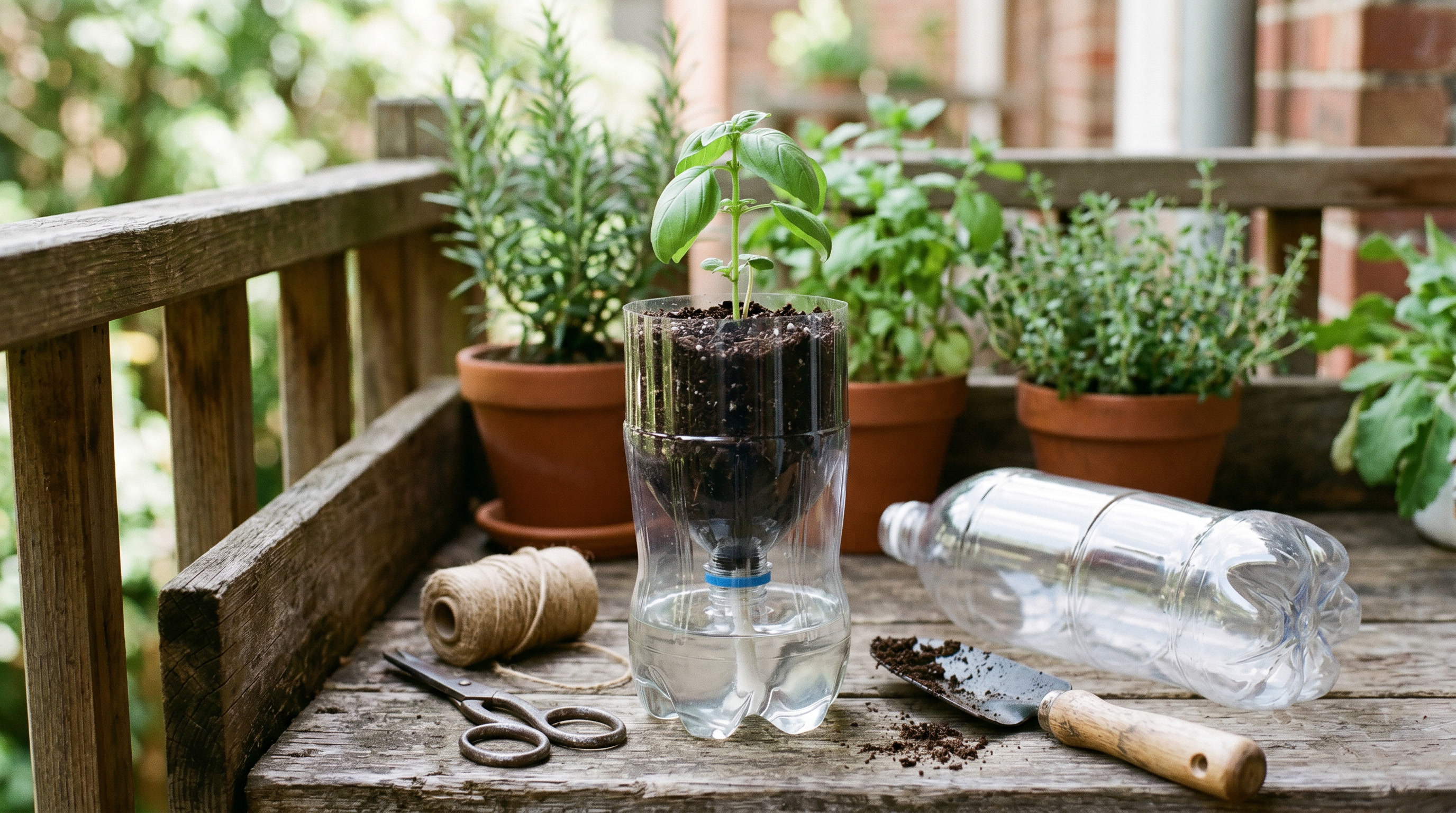 DIY self-watering planter made from a recycled plastic bottle with soil and a small herb seedling