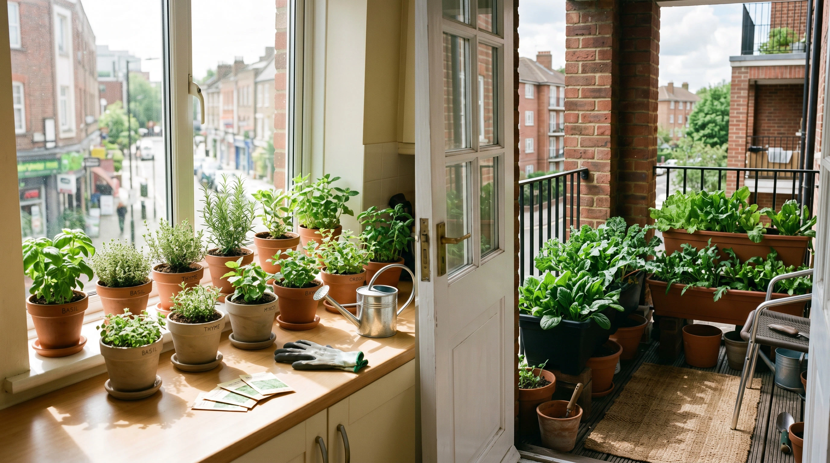 Fabric grow bags and traditional pots arranged side by side in a compact small-space garden