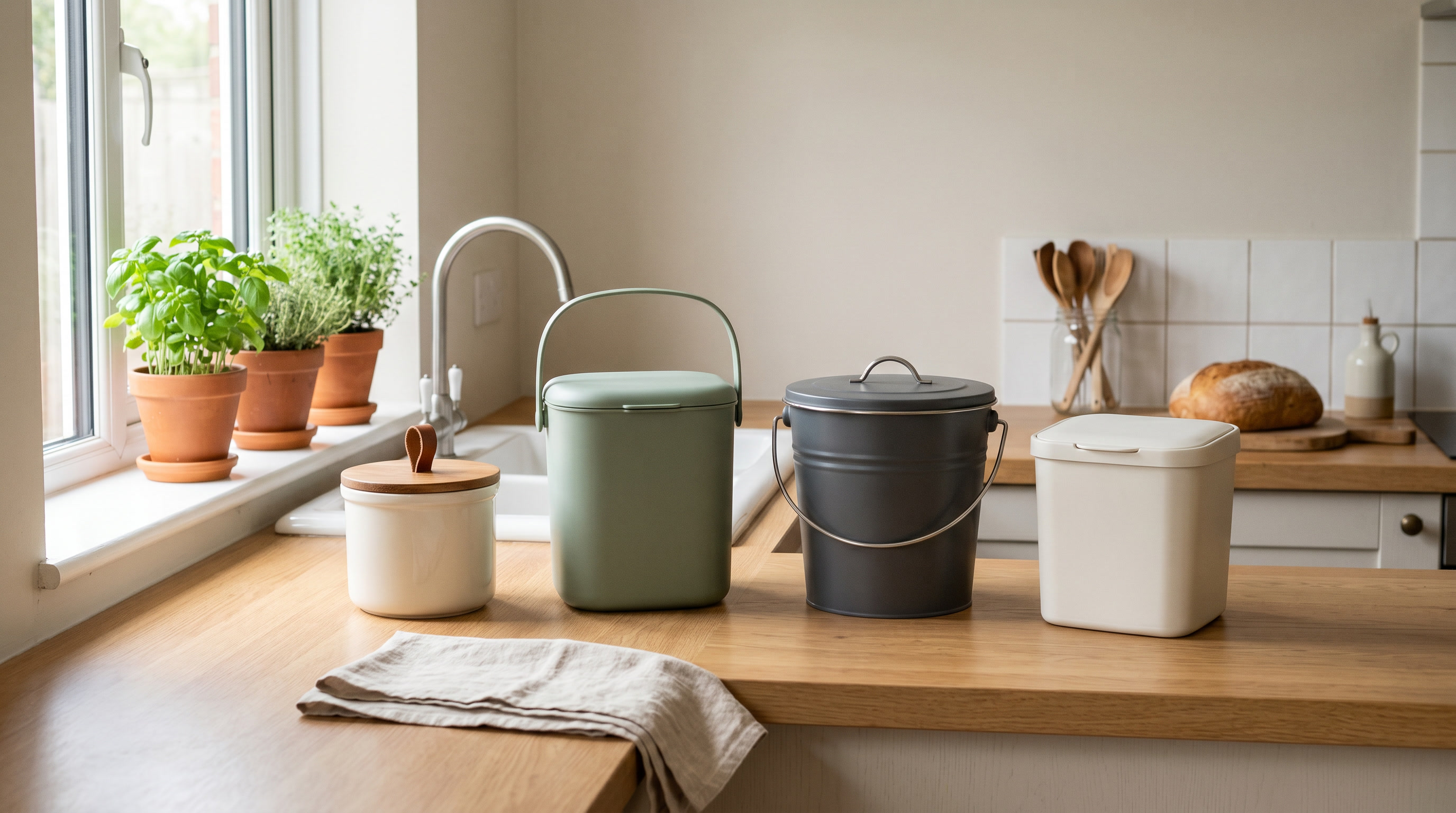 Compact indoor compost bins arranged neatly on a UK kitchen counter