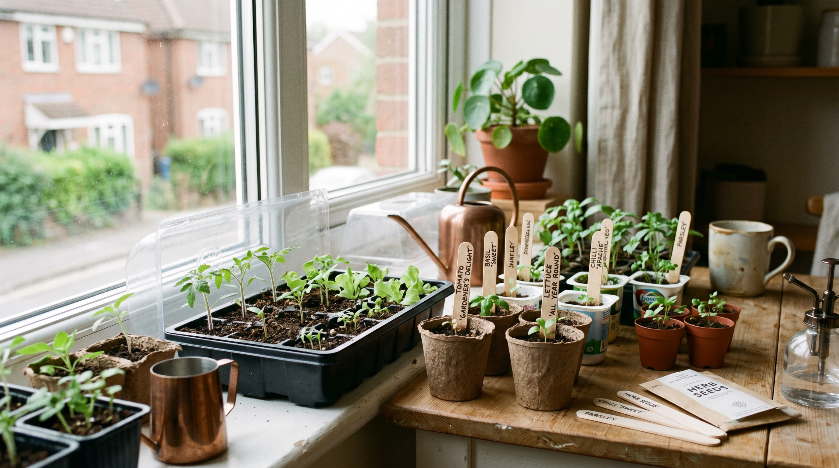 Bright indoor seed-starting setup with trays, small pots and labelled young seedlings