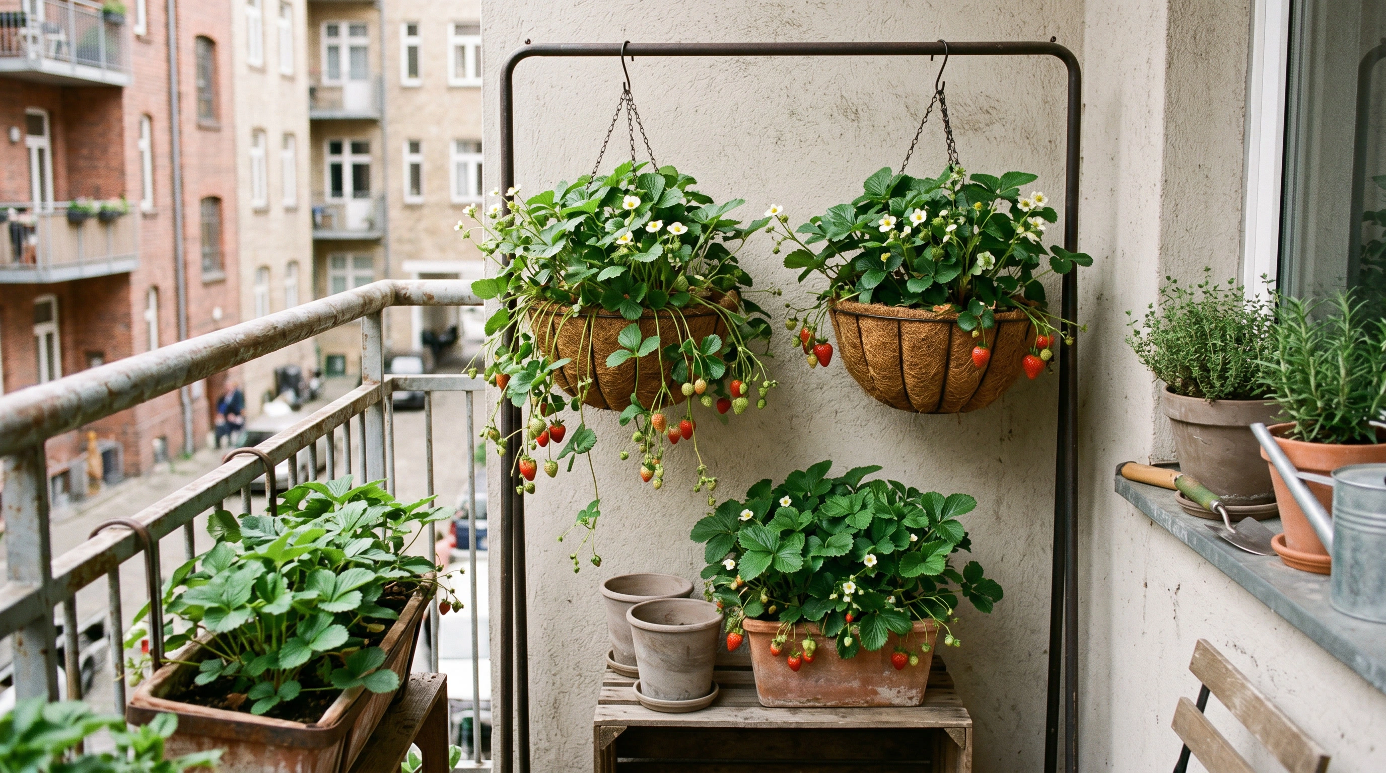 Strawberry plants growing in medium-sized pots on a compact balcony or patio