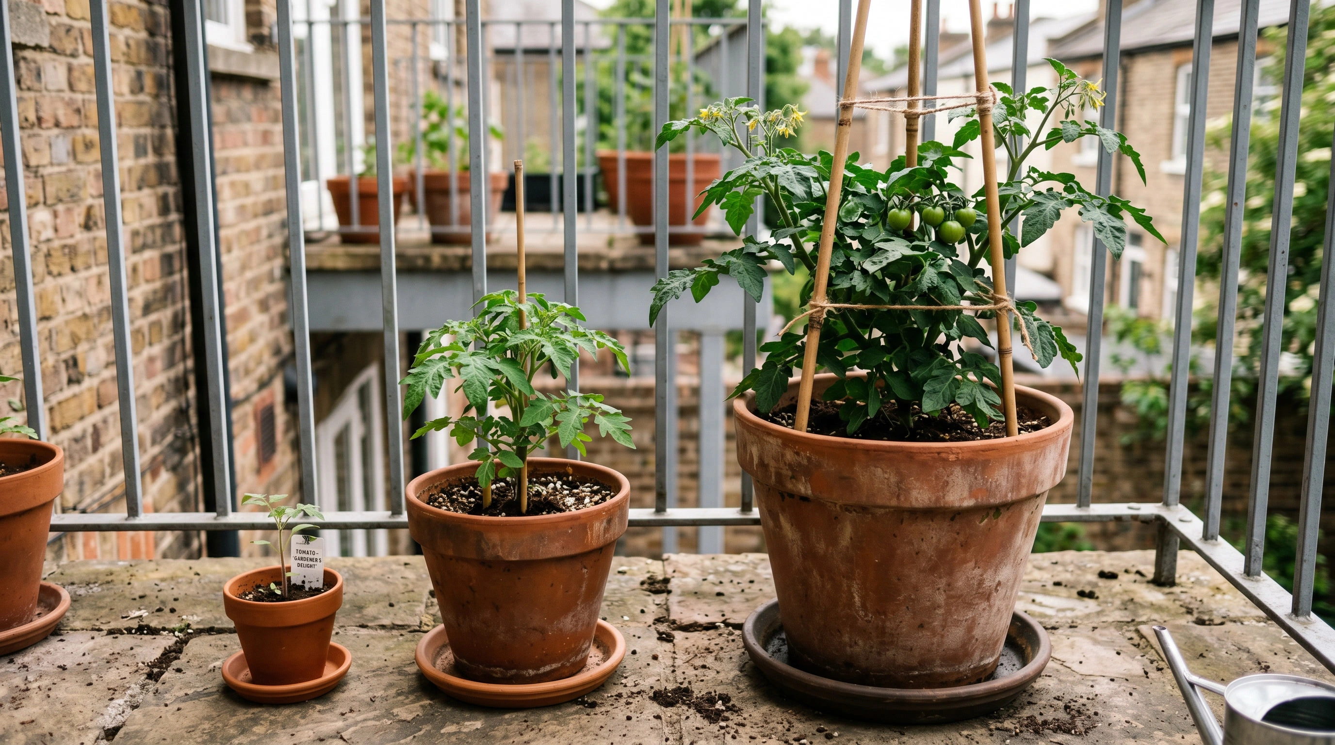Tomato plants at three stages shown in a seedling pot, medium container and larger final pot