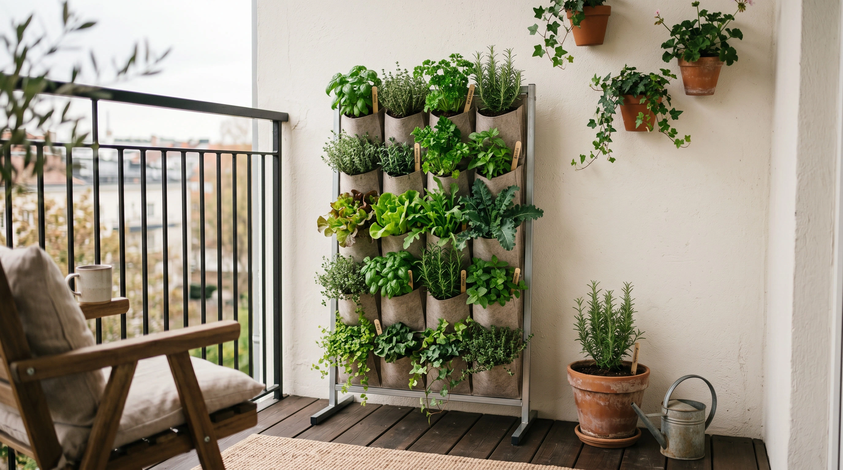 Freestanding pocket-style vertical planter used for herbs and leafy greens on a small balcony