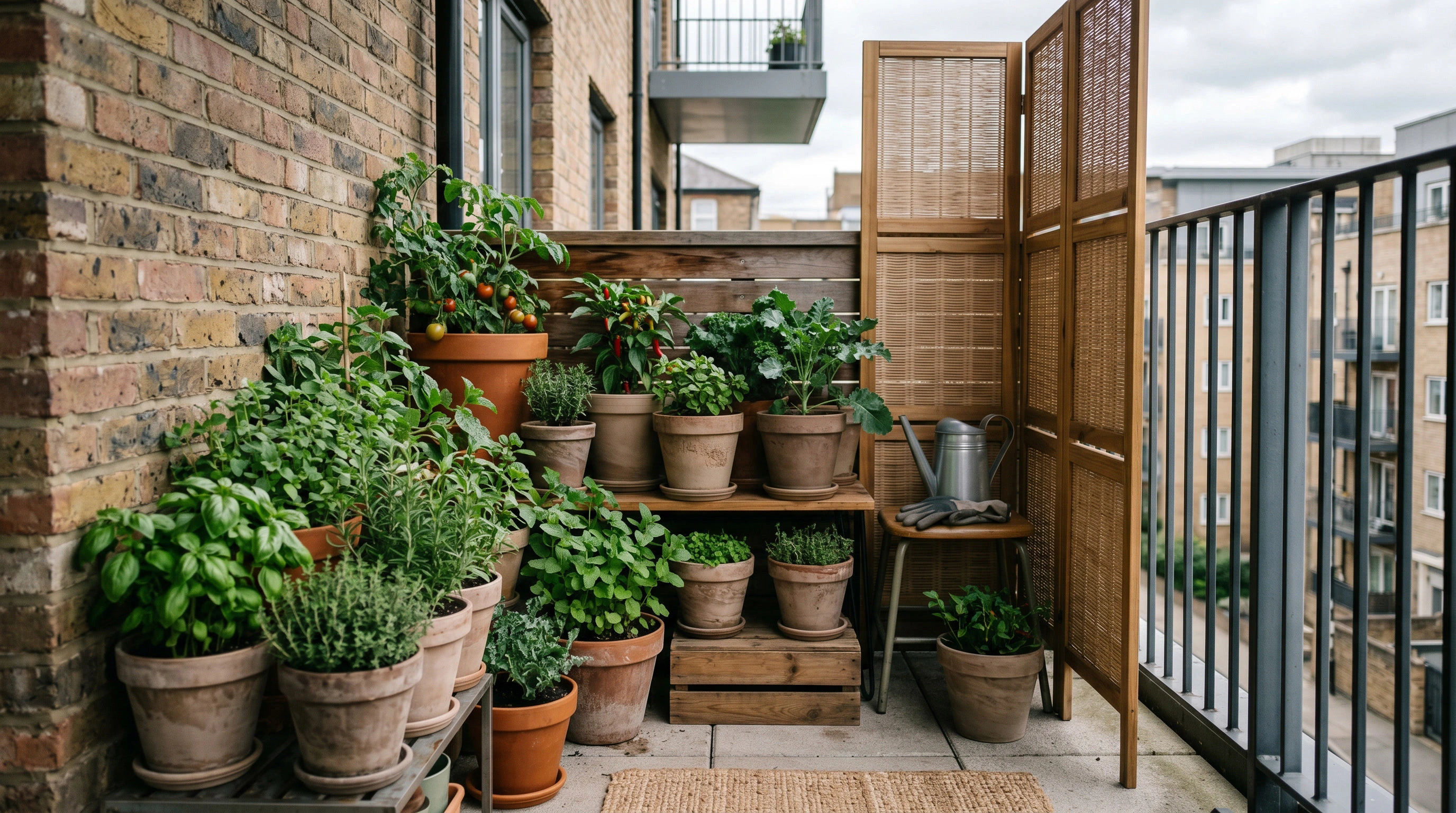 Grouped balcony pots arranged near a sheltered wall with a freestanding screen for wind protection