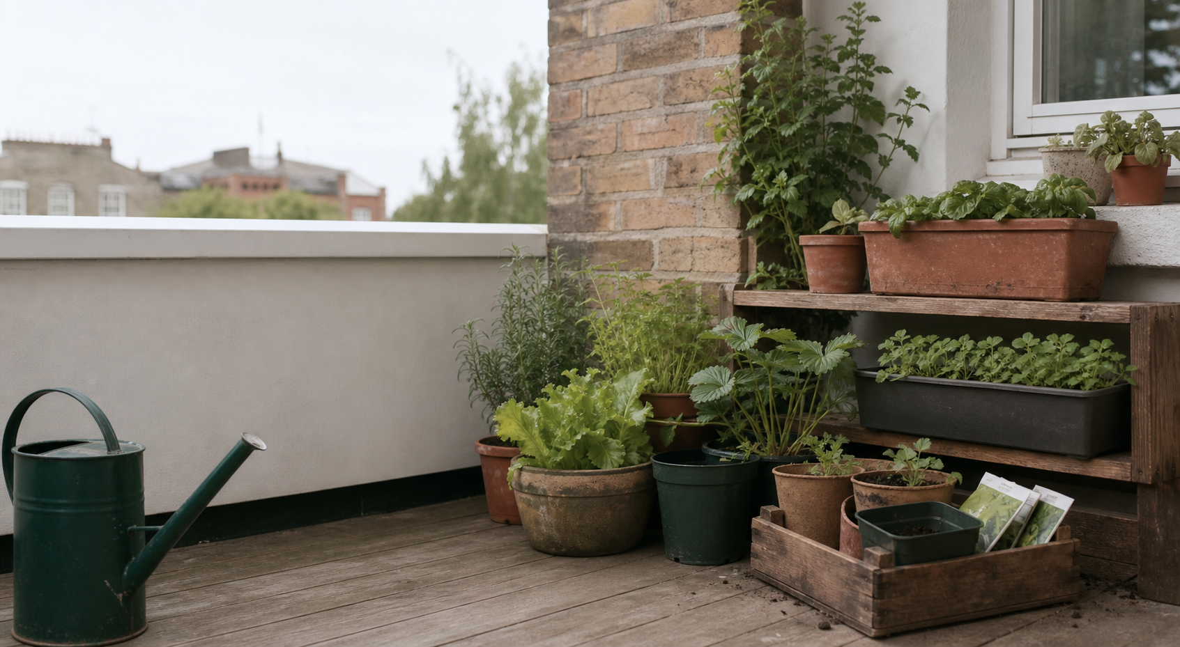 Small-space container garden with watering can, herbs and leafy greens