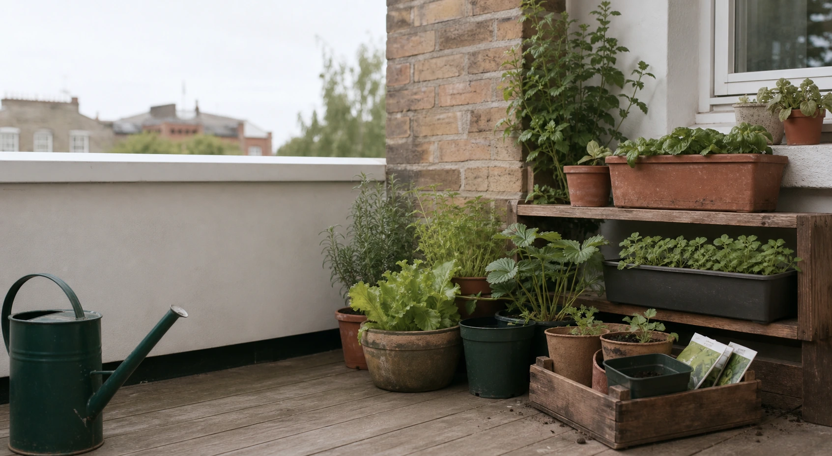 Small-space container garden with watering can, herbs and leafy greens